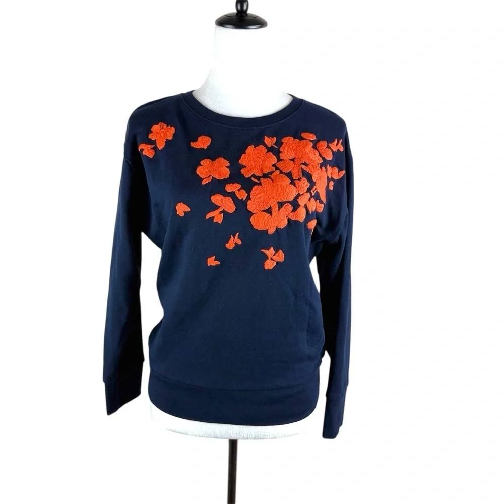 J. Crew Women’s Navy Sweatshirt with Red Floral Appliqué Size‎ S